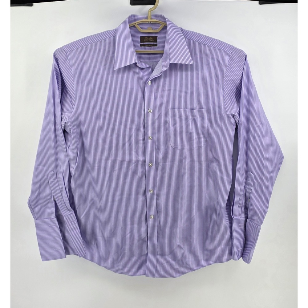Tasso Elba Mens Size 16.5 L Regular Fit Purple Stripe Non Iron‎ Dress Shirt